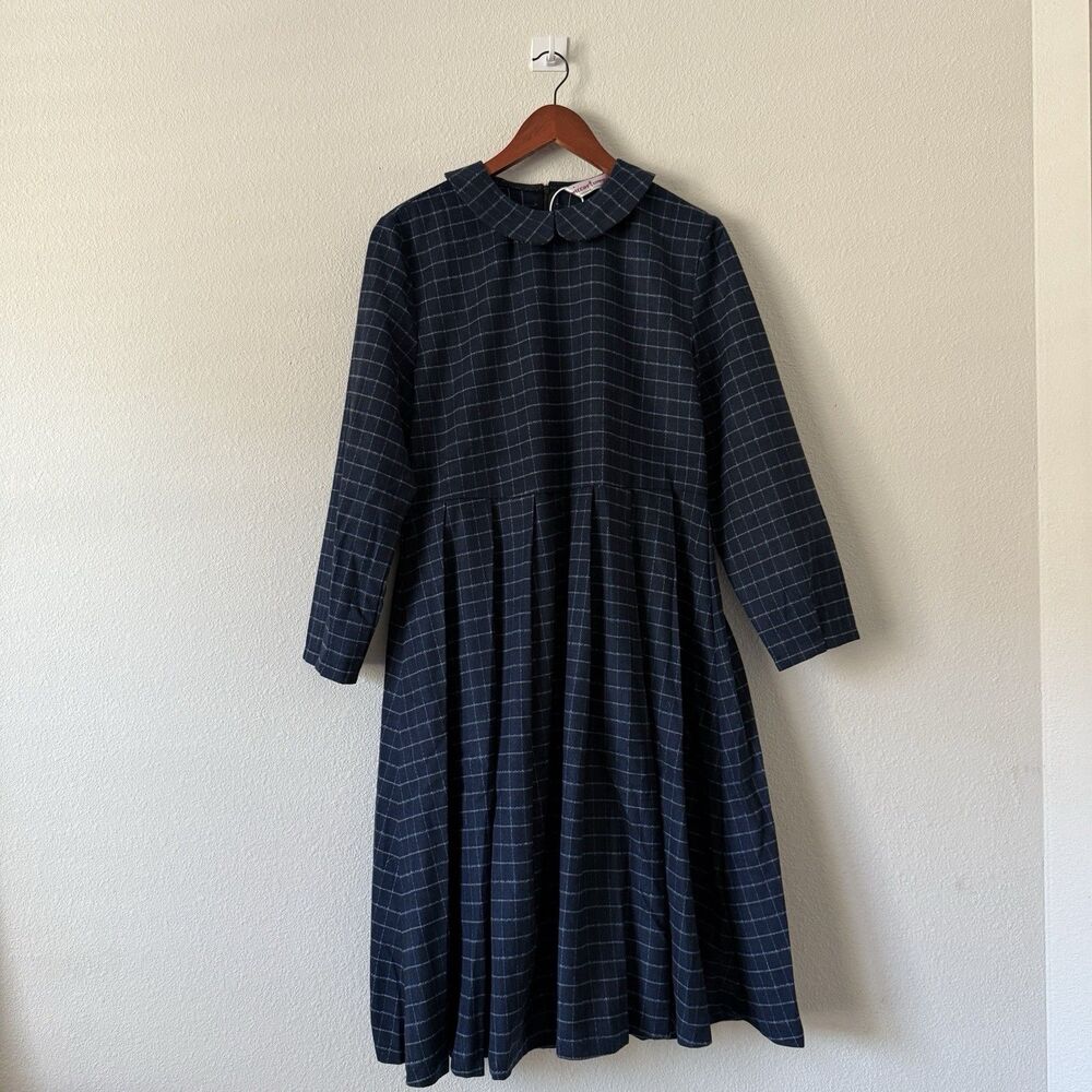 Miccostumes Dress Womens L Navy Blue Plaid Peter Pan Collar Pleated Midi